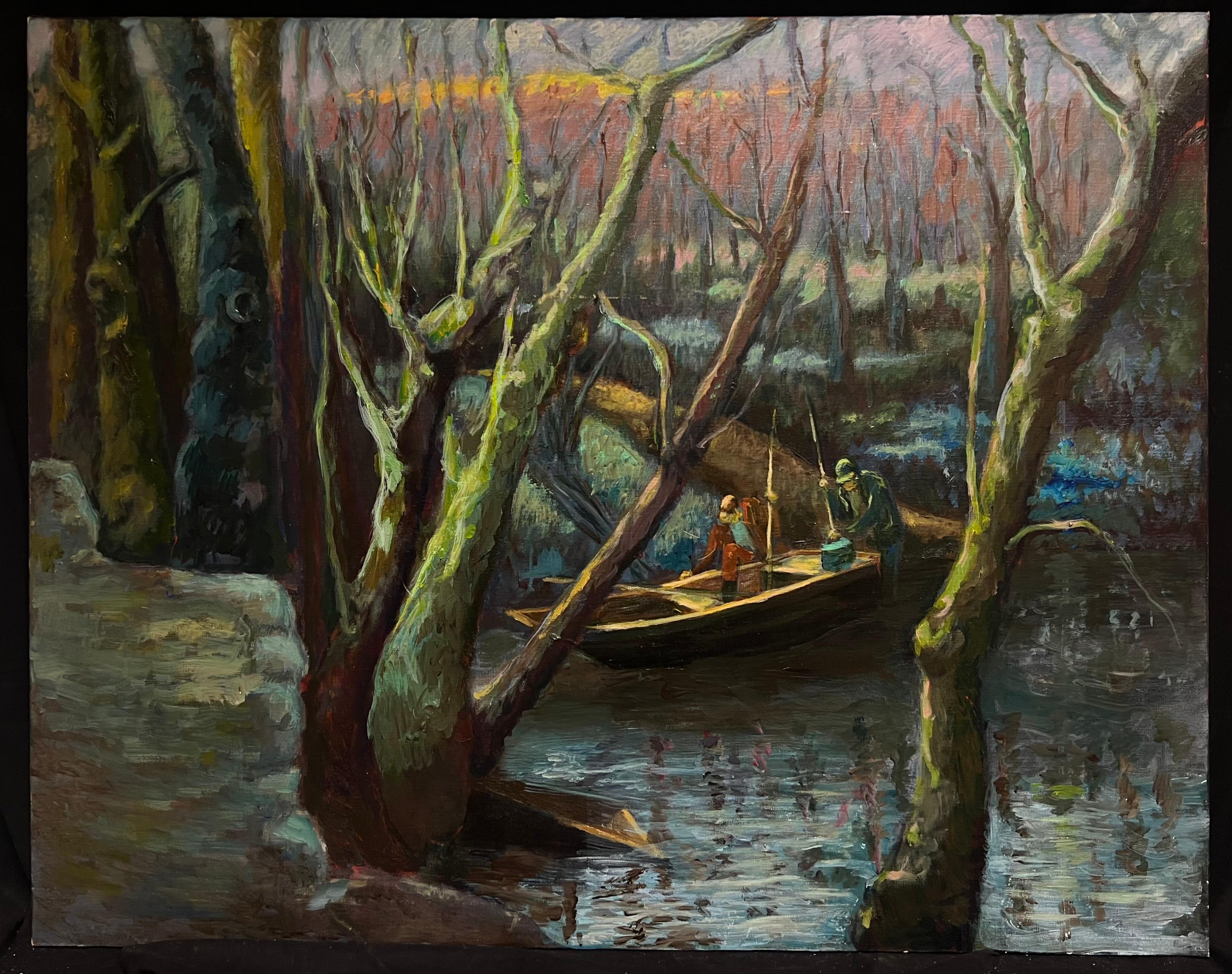 Atmosphärisches französisches Ölgemälde Waldszene mit Fischern in einem Wald Fluss, Fischern in einem Waldgebiet – Painting von Guy Nicod (French 1923 - 2021)