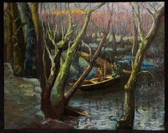 Peinture à l'huile française atmosphérique représentant des pêcheurs dans une rivière forestière