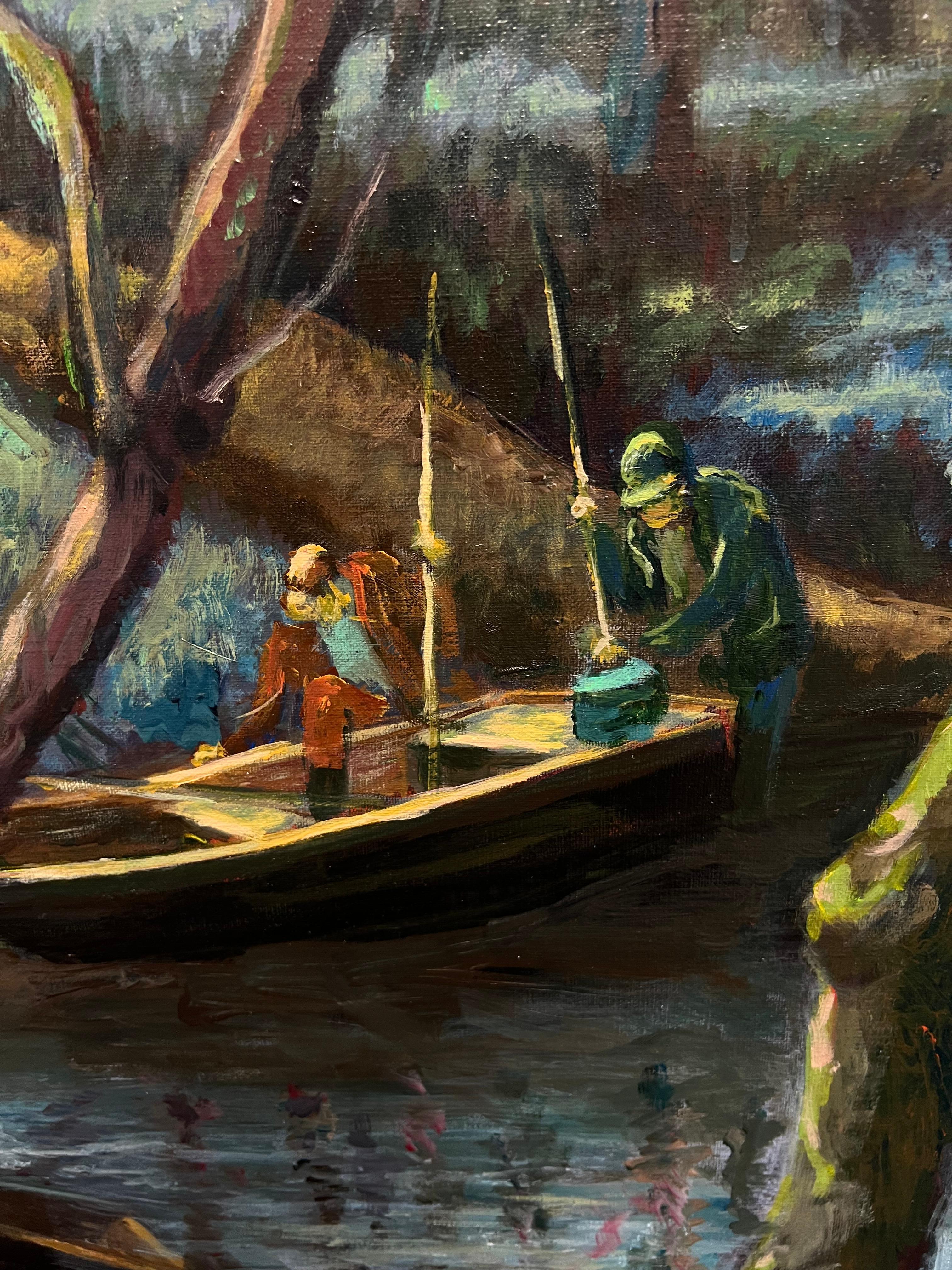 Atmosphärisches französisches Ölgemälde Waldszene mit Fischern in einem Wald Fluss, Fischern in einem Waldgebiet (Impressionismus), Painting, von Guy Nicod (French 1923 - 2021)