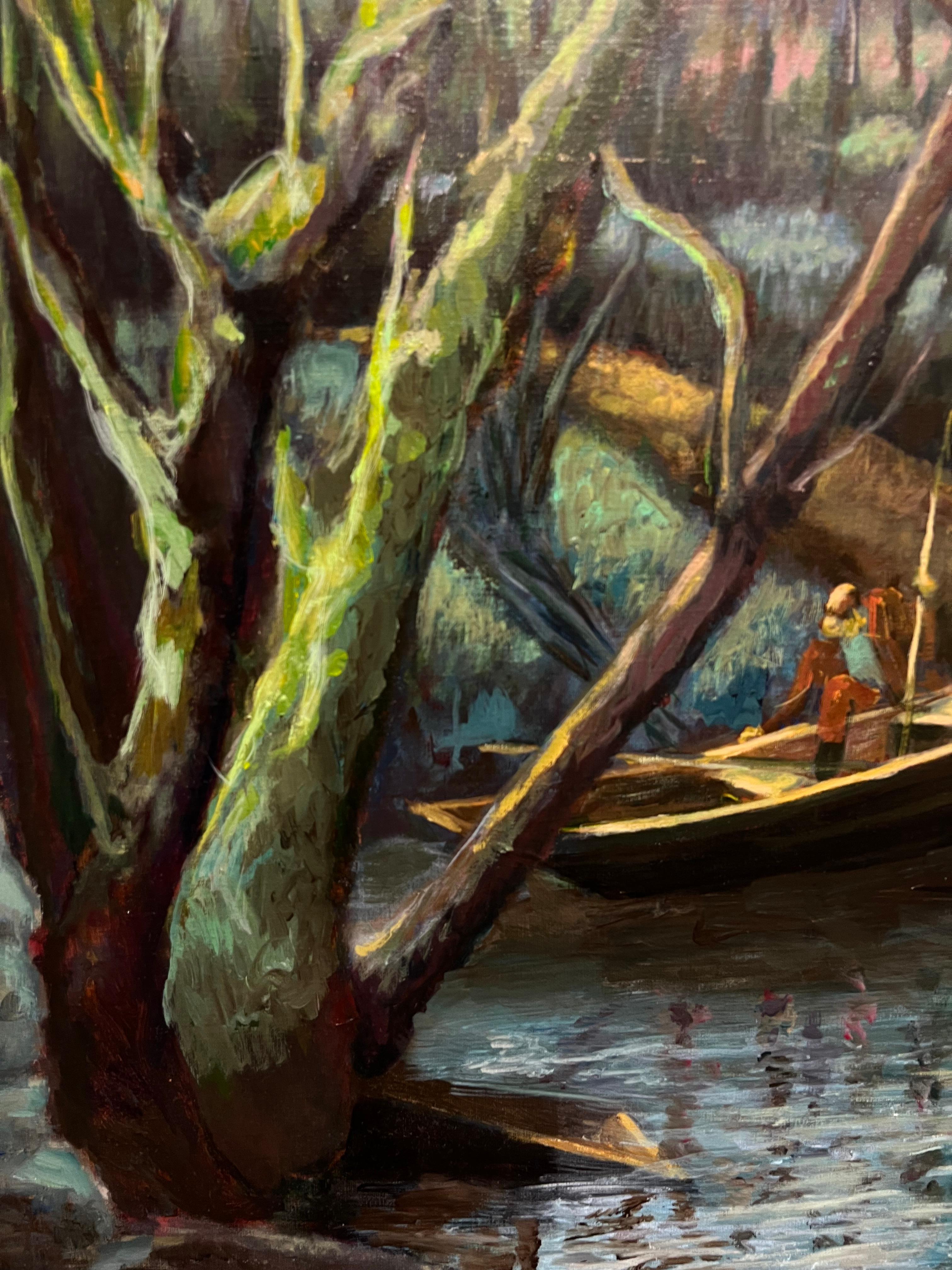 Atmosphärisches französisches Ölgemälde Waldszene mit Fischern in einem Wald Fluss, Fischern in einem Waldgebiet im Angebot 3