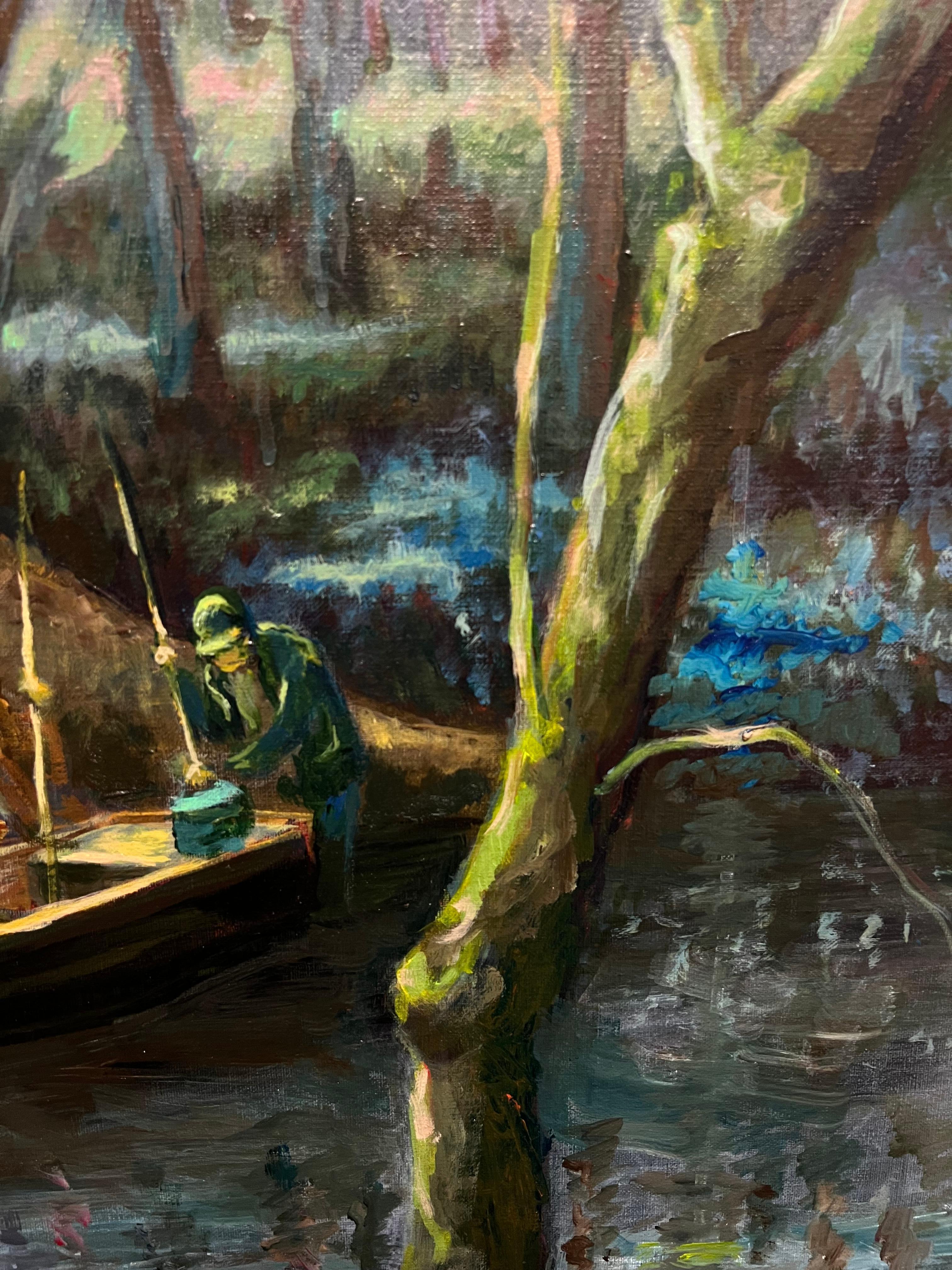 Atmosphärisches französisches Ölgemälde Waldszene mit Fischern in einem Wald Fluss, Fischern in einem Waldgebiet im Angebot 4