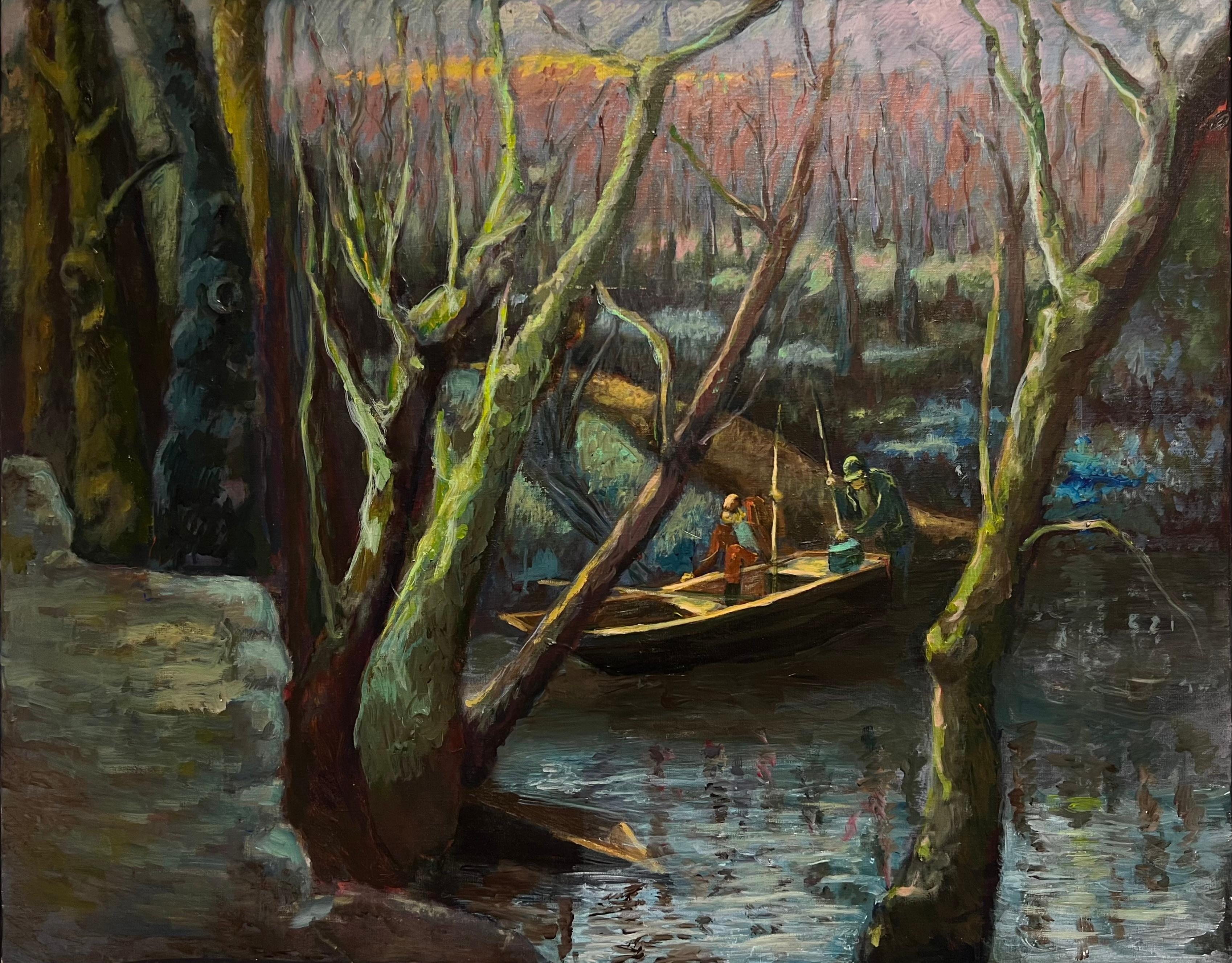 Atmosphärisches französisches Ölgemälde Waldszene mit Fischern in einem Wald Fluss, Fischern in einem Waldgebiet