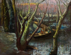 Fishermen in a Forested River Atmospheric French Oil Painting Woodland Scene