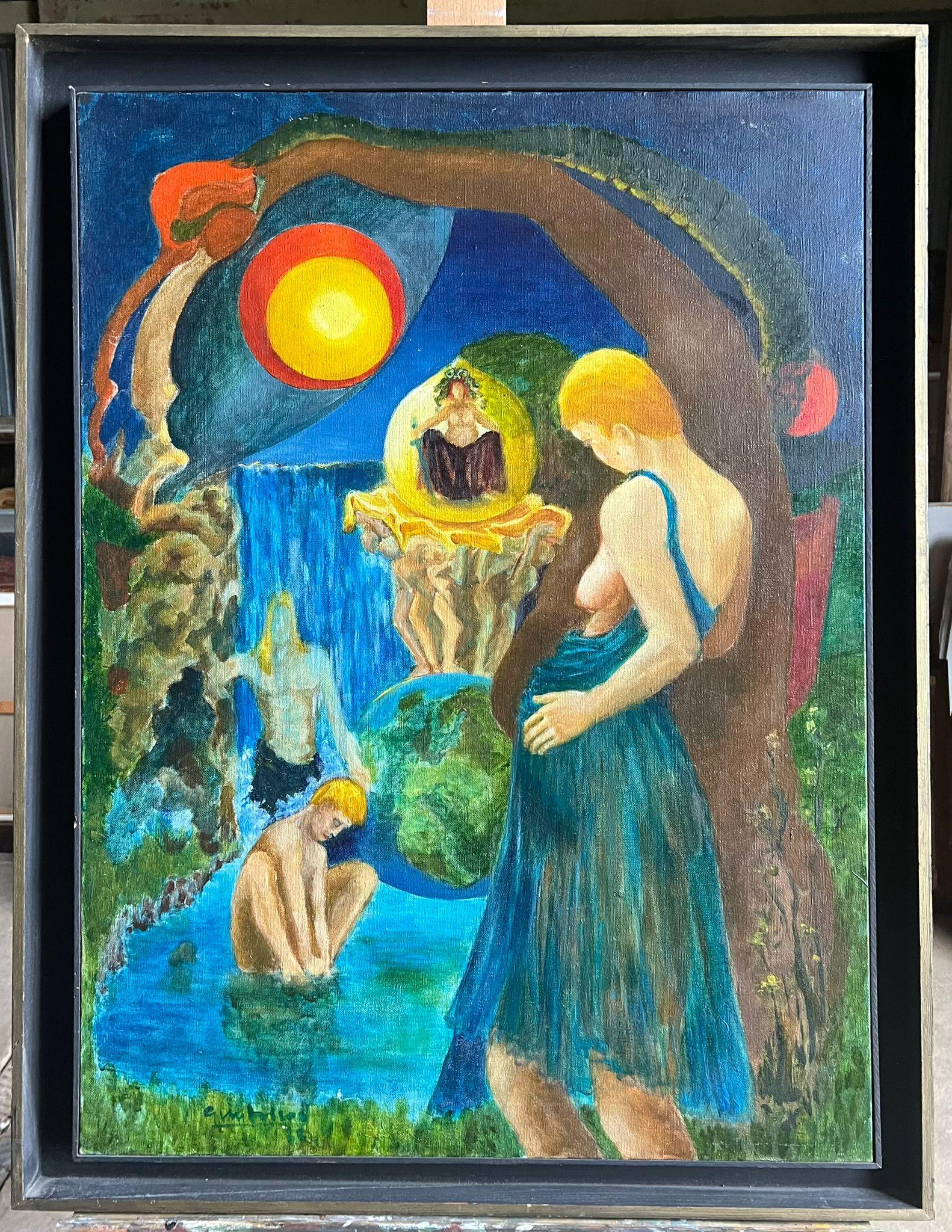 Mythologisches Ölgemälde, das eine mystische Szene mit Figuren darstellt Französisch 20. – Painting von Guy Nicod (French 1923 - 2021)