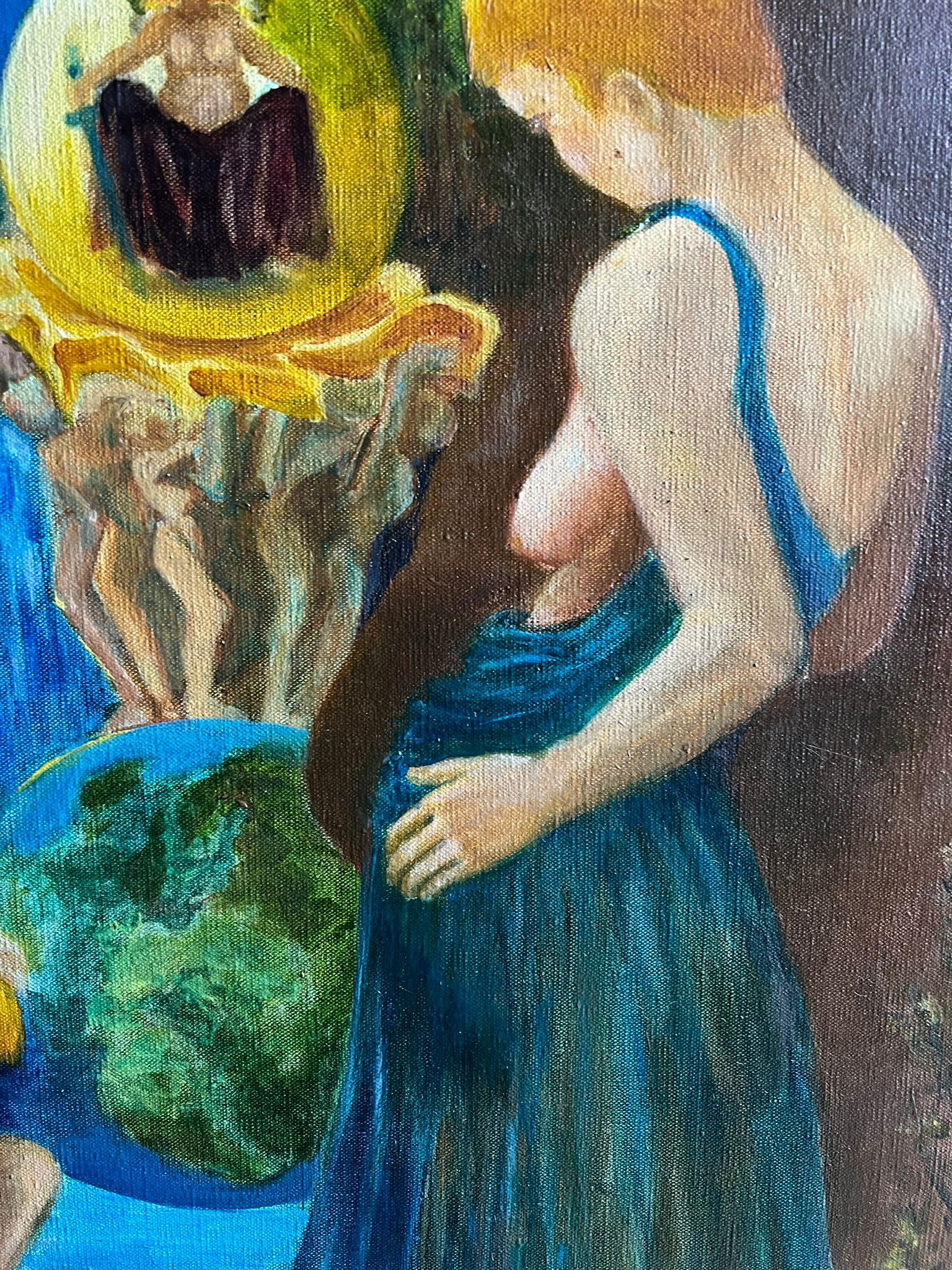 Mythologisches Ölgemälde, das eine mystische Szene mit Figuren darstellt Französisch 20. (Surrealismus), Painting, von Guy Nicod (French 1923 - 2021)