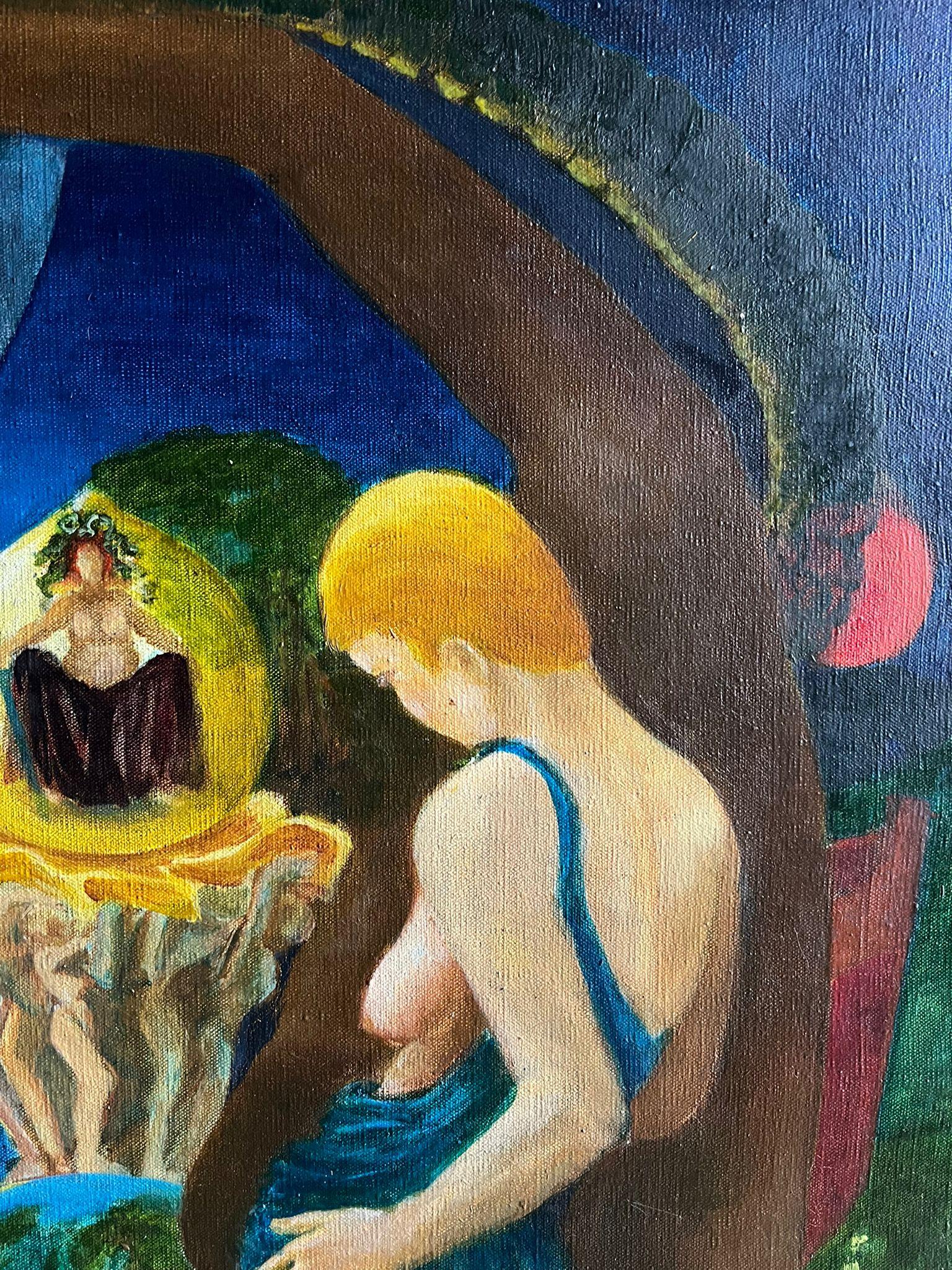 Mythologisches Ölgemälde, das eine mystische Szene mit Figuren darstellt Französisch 20. (Blau), Landscape Painting, von Guy Nicod (French 1923 - 2021)