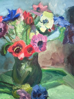 1950s French Post Impressionist Painting Pretty Flowers in Vase Green Background