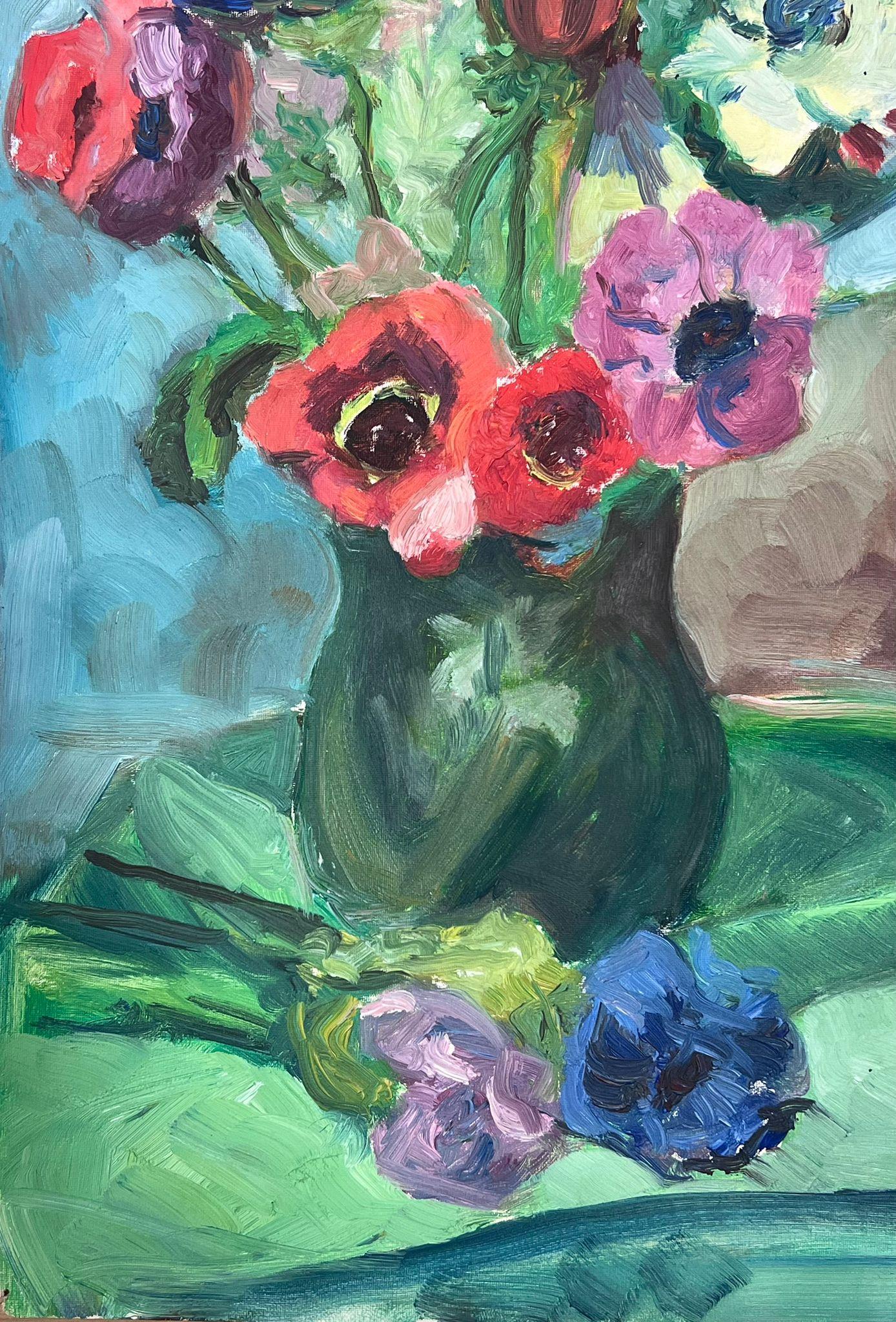 1950s French Post Impressionist Painting Pretty Flowers in Vase Green Background For Sale 1