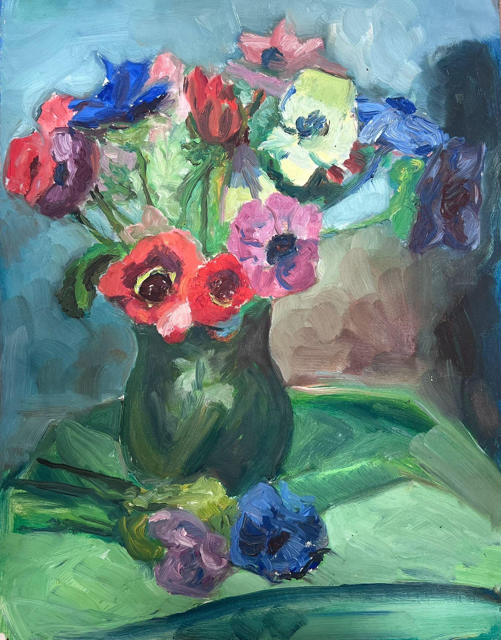 1950s French Post Impressionist Painting Pretty Flowers in Vase Green Background For Sale 2