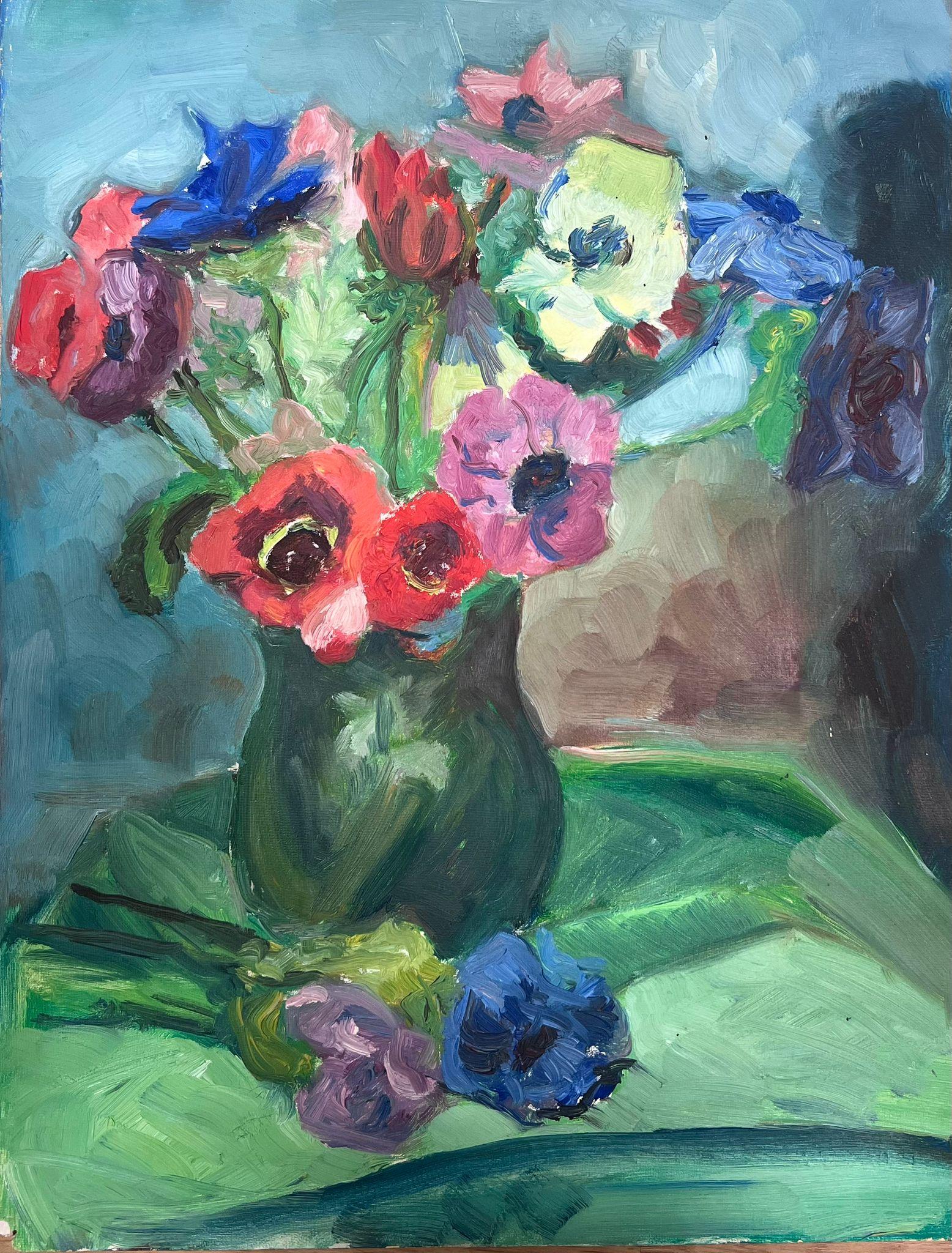 Französisches postimpressionistisches Gemälde mit hübschen Blumen in Vase auf grünem Hintergrund, 1950er Jahre