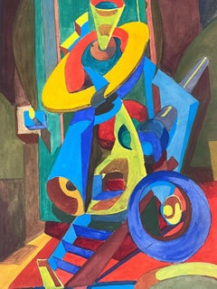1970s French Abstract Composition Painting Amazing Bright Colors