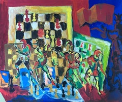 Jeux de société modernistes français des années 1970 Composition abstraite Peinture