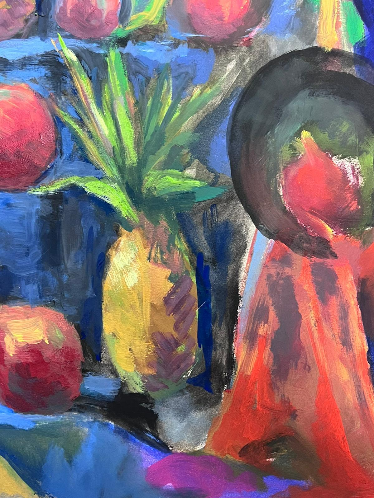 Französisches modernistisches Stillleben der 1970er Jahre Ananas in erstaunlichen blauen Farben – Painting von Guy Nicod