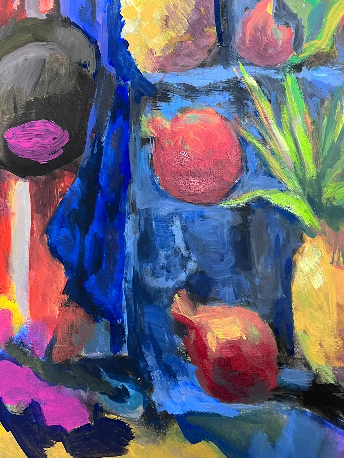 Französisches modernistisches Stillleben der 1970er Jahre Ananas in erstaunlichen blauen Farben (Moderne), Painting, von Guy Nicod
