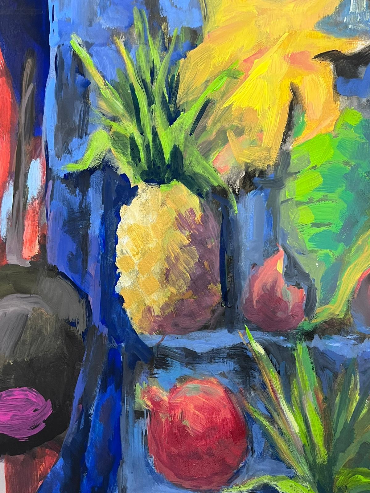 Französisches modernistisches Stillleben der 1970er Jahre Ananas in erstaunlichen blauen Farben (Blau), Still-Life Painting, von Guy Nicod