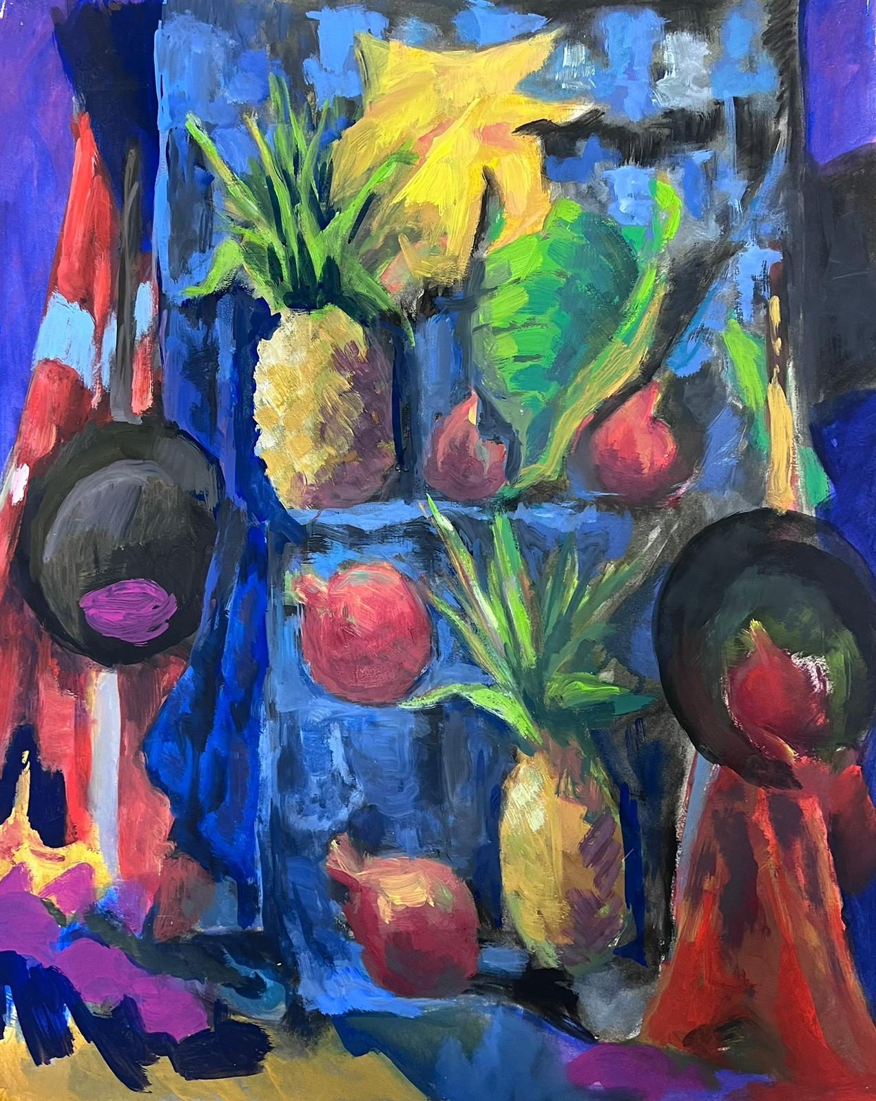 Guy Nicod Still-Life Painting – Französisches modernistisches Stillleben der 1970er Jahre Ananas in erstaunlichen blauen Farben