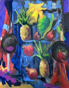 Retro 1970's French Modernist Still Life Pineapples Amazing Blue Colors