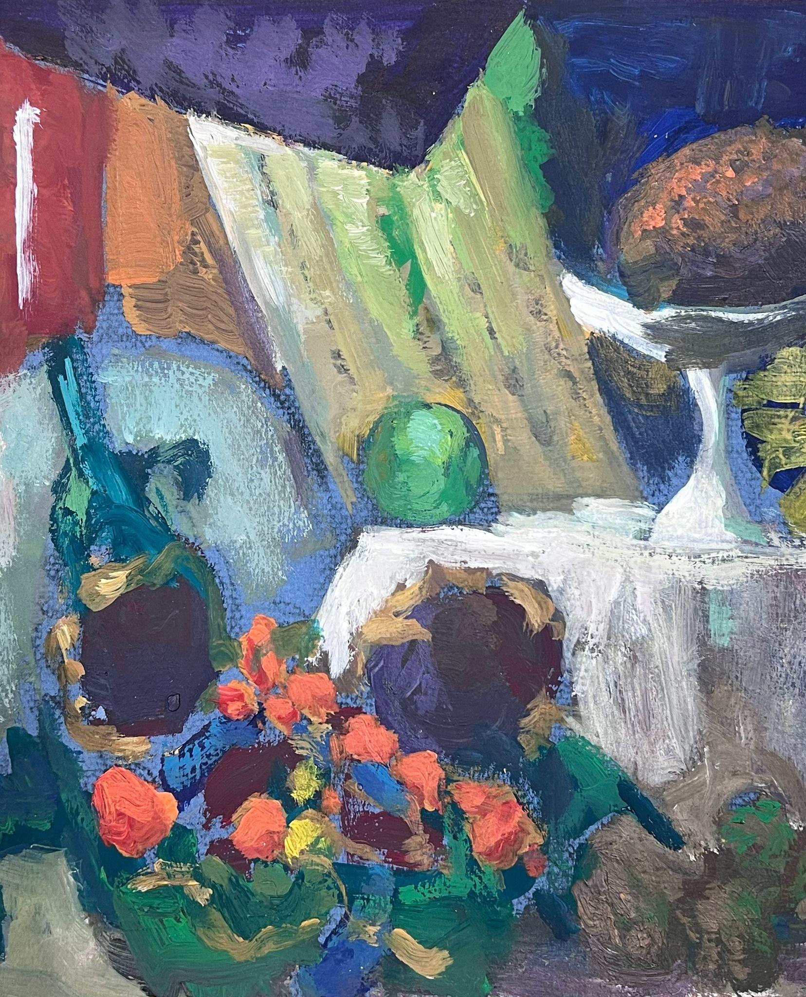 1970's French Modernist Still Life Table Ornaments Pineapples and Sunflowers - Painting by Guy Nicod