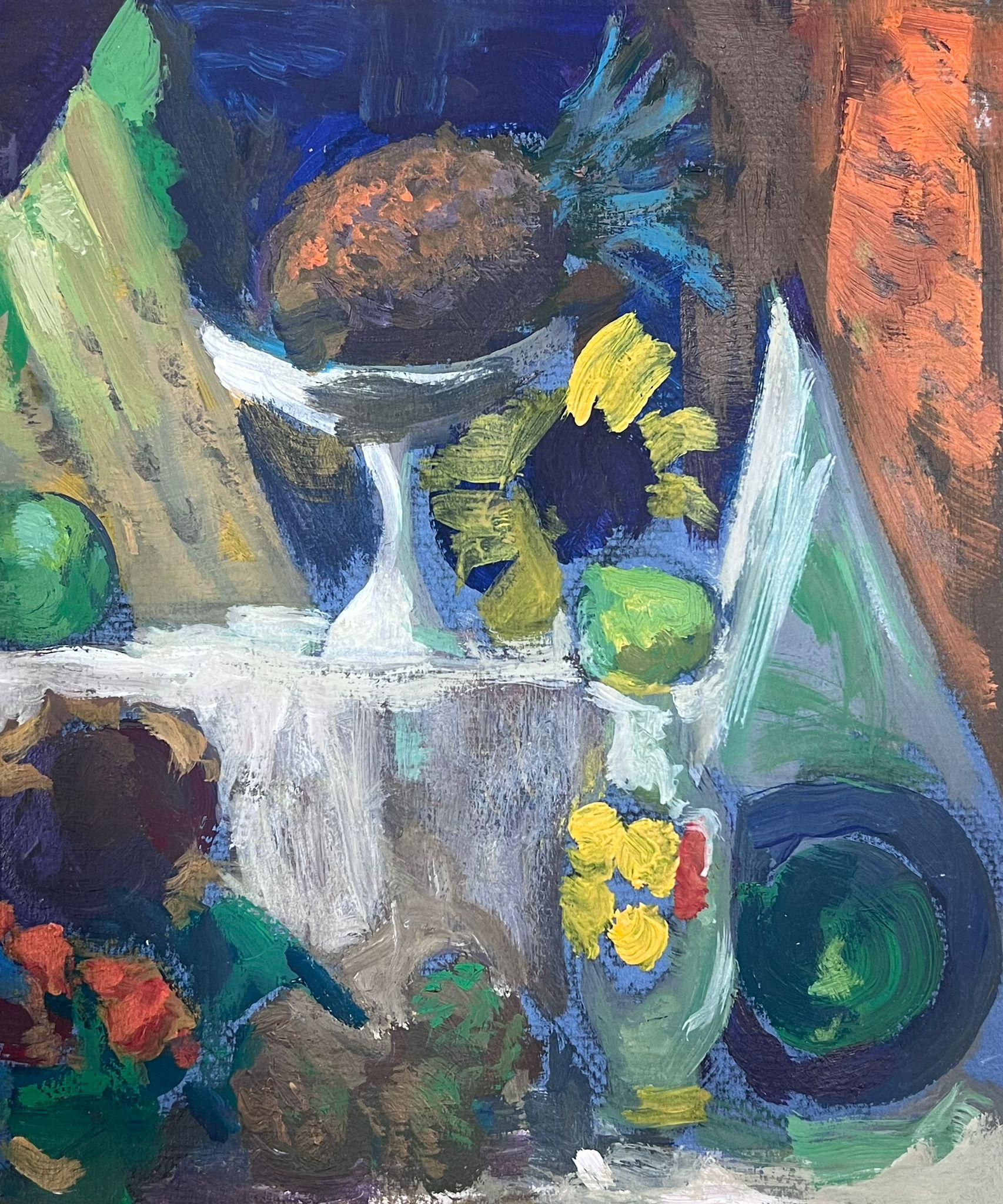 Französischer modernistischer Stillleben-Tisch der 1970er Jahre mit Ananas und Sonnenblumen-Verzierungen (Moderne), Painting, von Guy Nicod