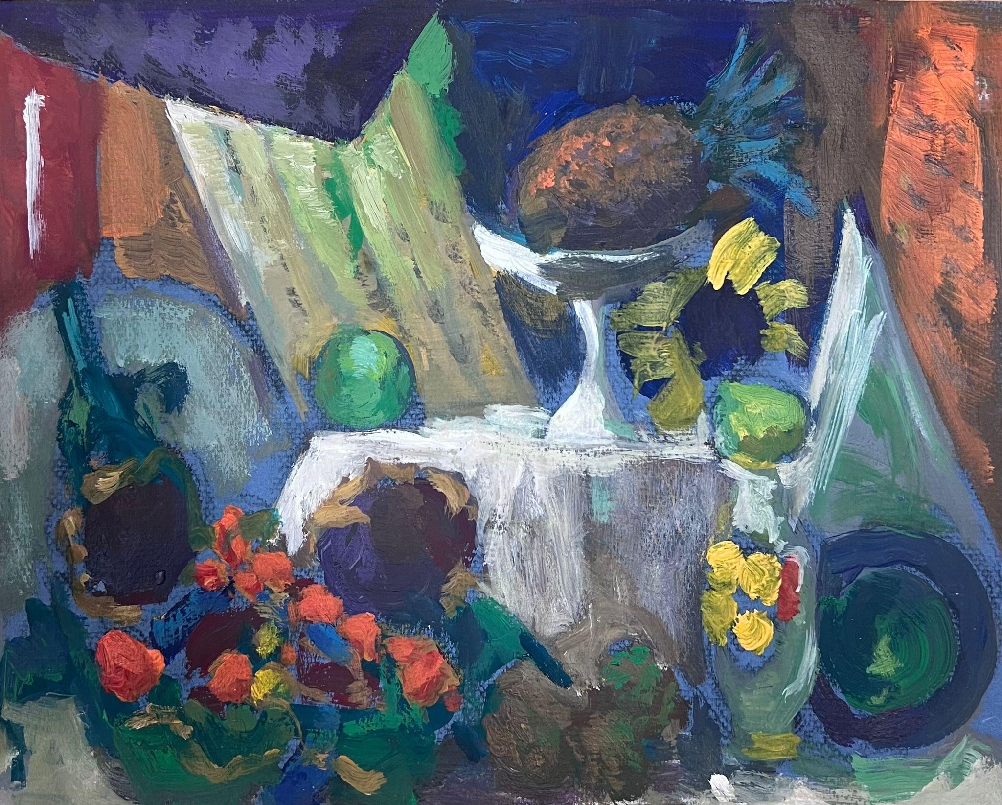 Guy Nicod Interior Painting - 1970's French Modernist Still Life Table Ornaments Pineapples and Sunflowers