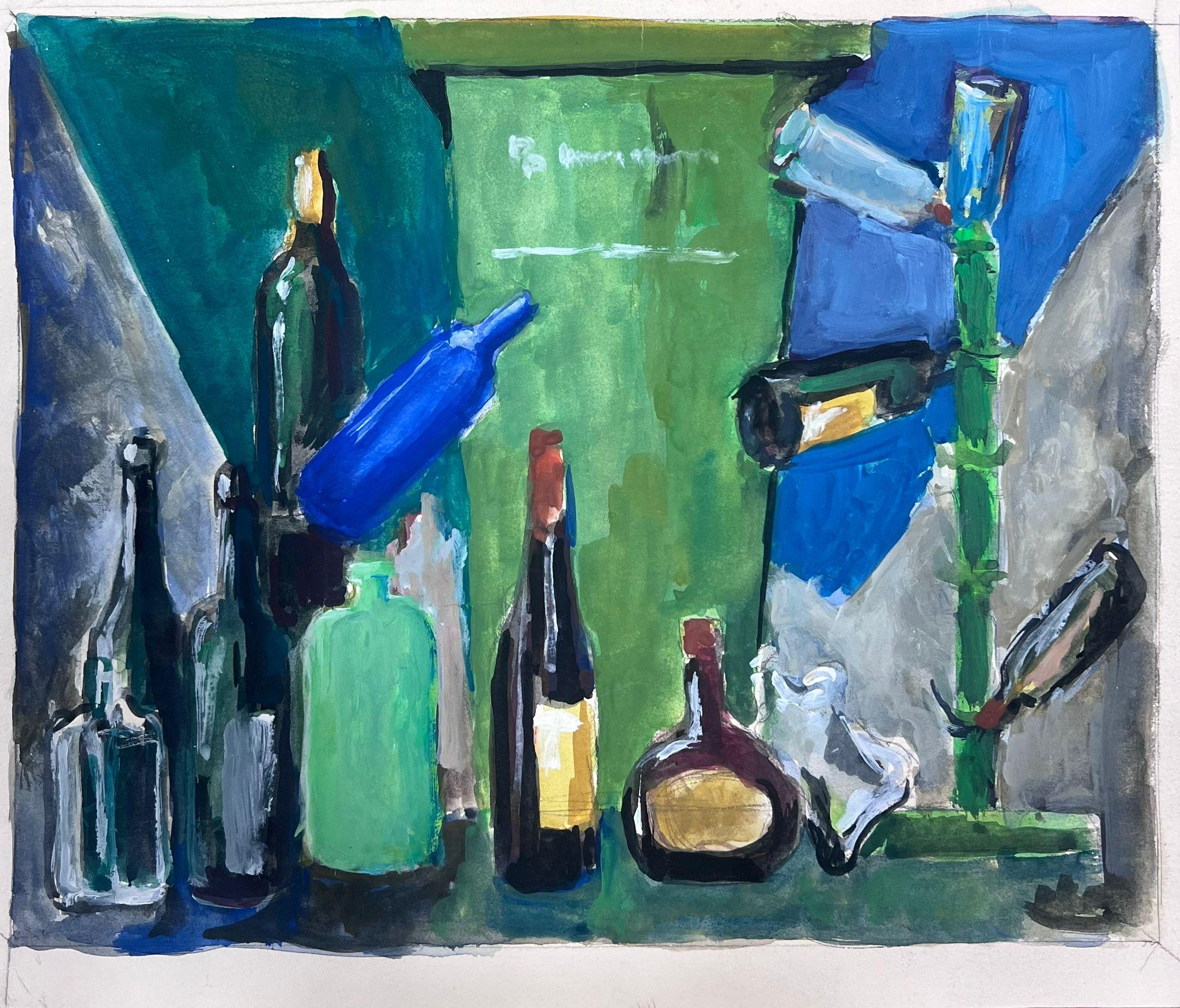 1970's French Modernist Still Life Wine Bottles Green Background - Painting by Guy Nicod