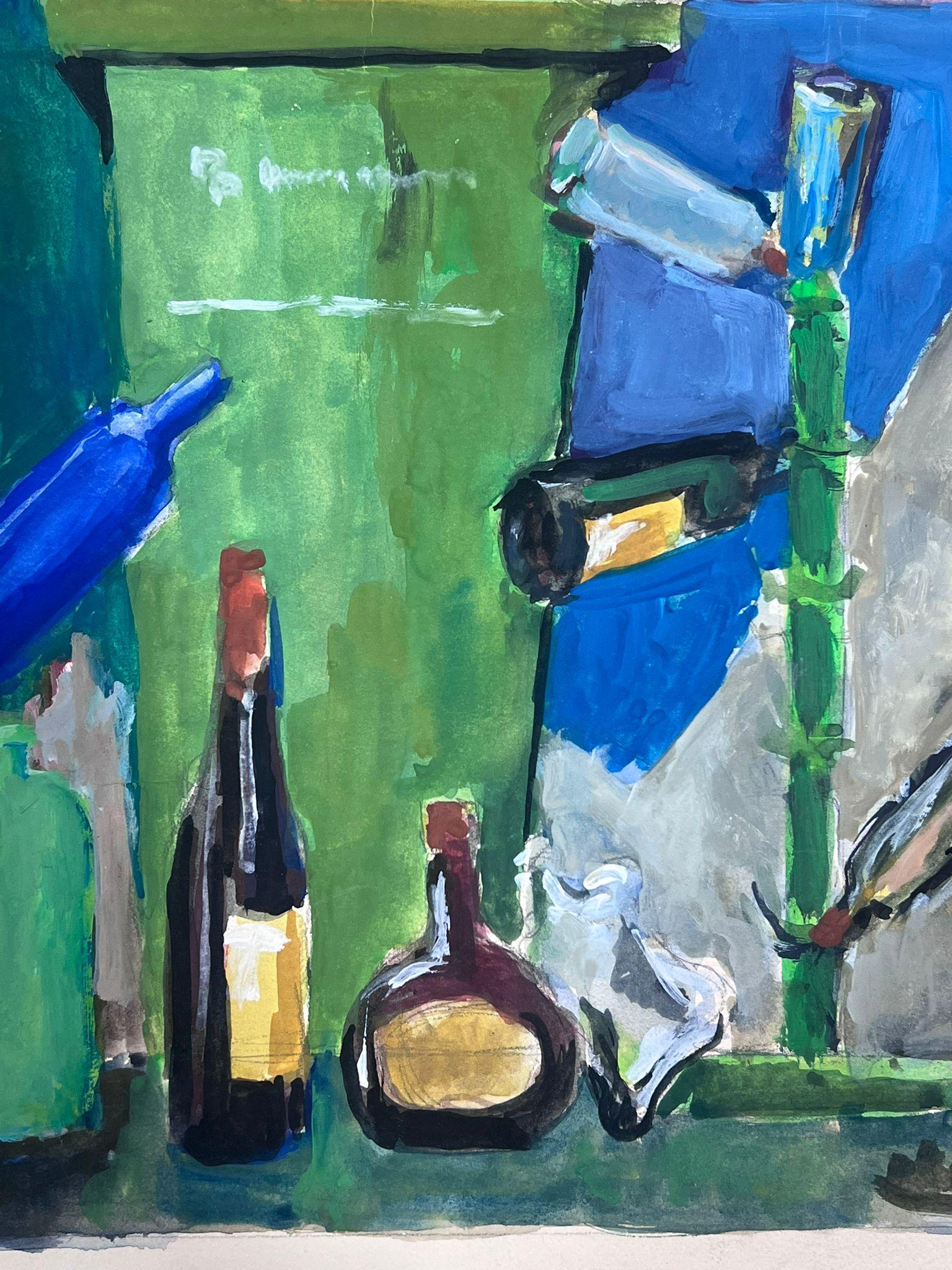 1970's French Modernist Still Life Wine Bottles Green Background For Sale 1
