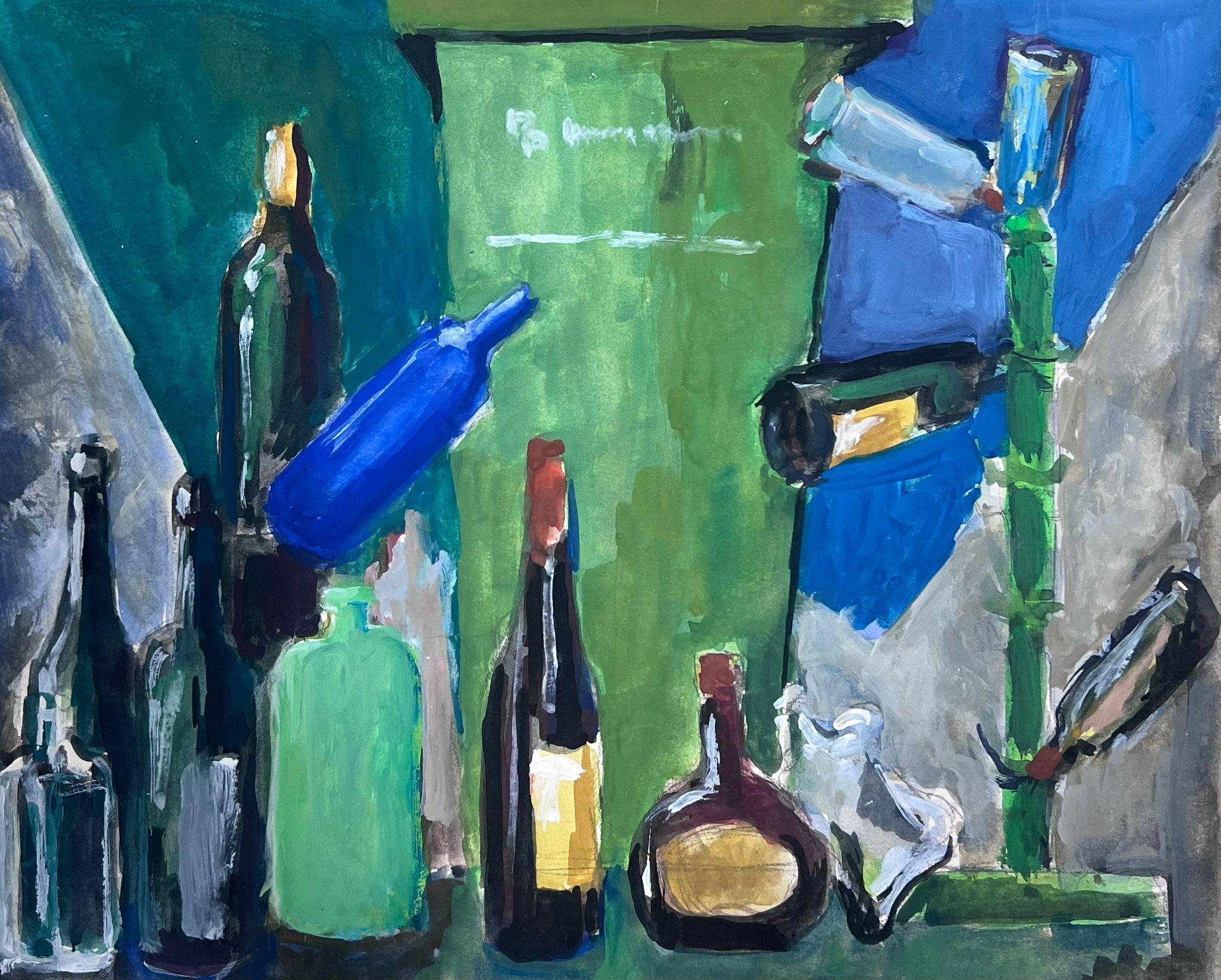 Guy Nicod Interior Painting - 1970's French Modernist Still Life Wine Bottles Green Background