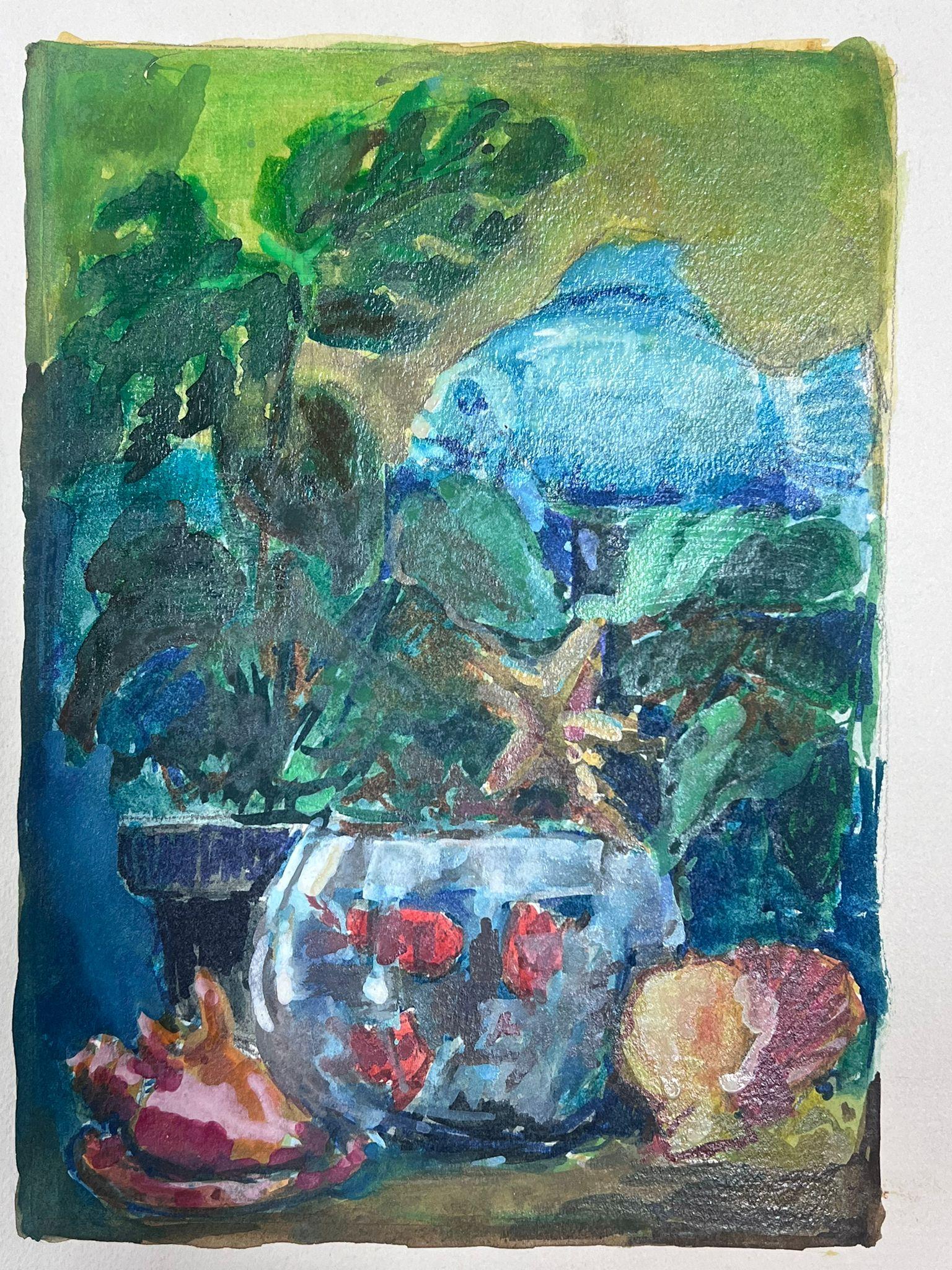 20th Century Fish Bowl and Blue Fish French Interior Modernist Painting - Gray Interior Painting by Guy Nicod