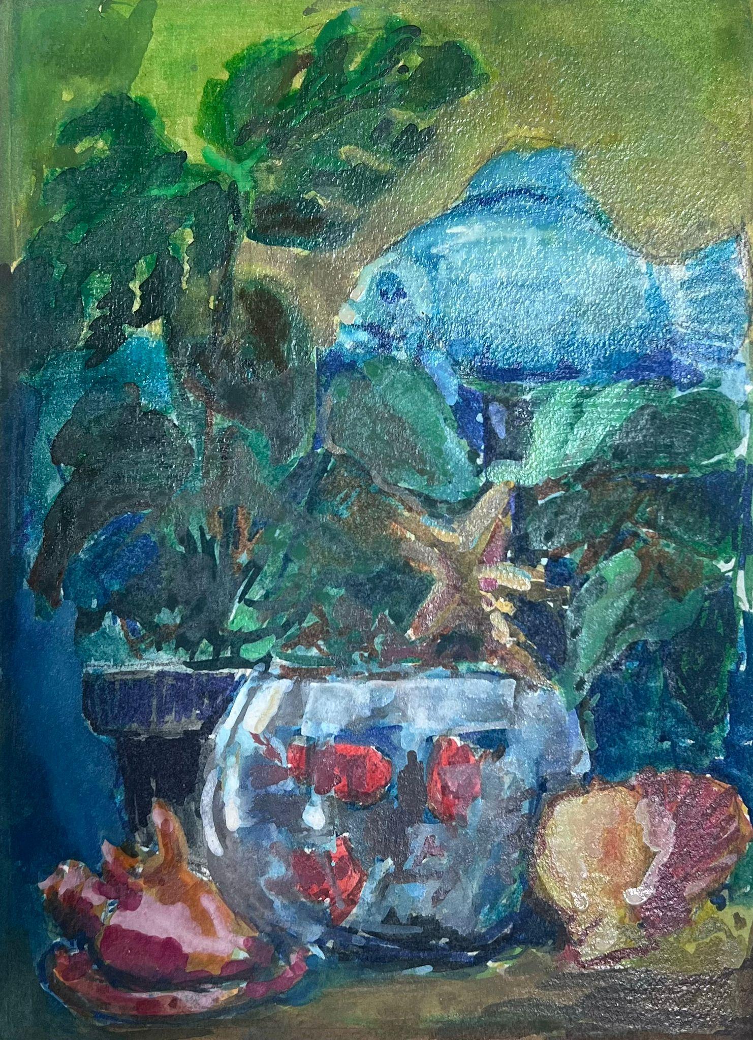 Guy Nicod Animal Art - 20th Century Fish Bowl and Blue Fish French Interior Modernist Painting