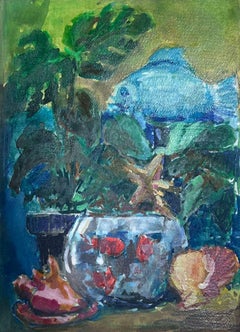 Retro 20th Century Fish Bowl and Blue Fish French Interior Modernist Painting
