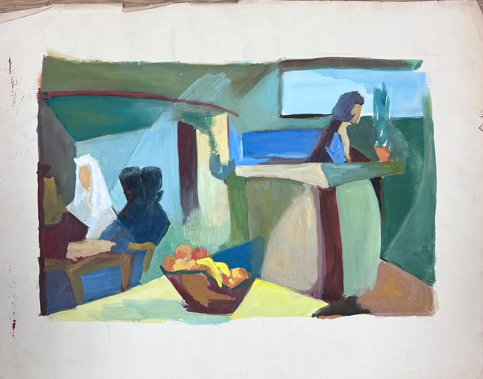 Französische kubistische modernistische Interieur-Kaffee-Szene des 20. Jahrhunderts mit Figuren – Painting von Guy Nicod