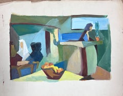 20th Century French Cubist Modernist Interior Cafe Scene with Figures