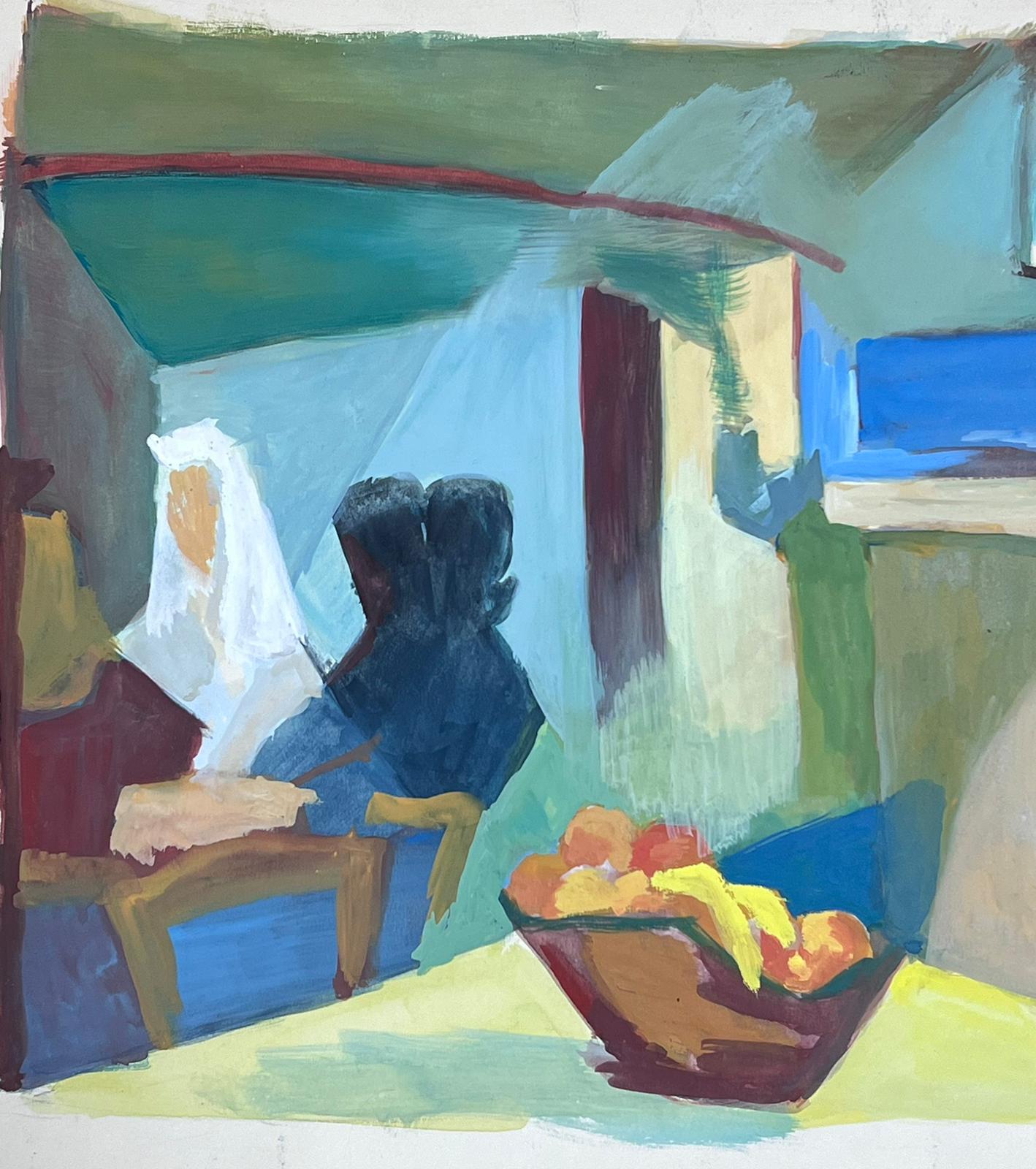 Französische kubistische modernistische Interieur-Kaffee-Szene des 20. Jahrhunderts mit Figuren (Moderne), Painting, von Guy Nicod