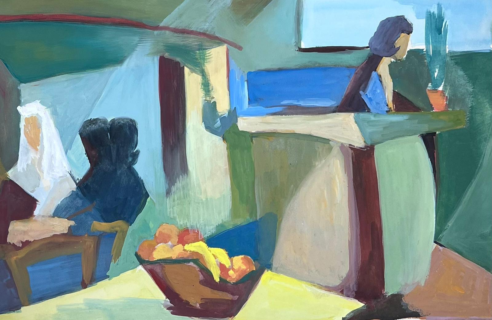 Guy Nicod Figurative Painting - 20th Century French Cubist Modernist Interior Cafe Scene with Figures