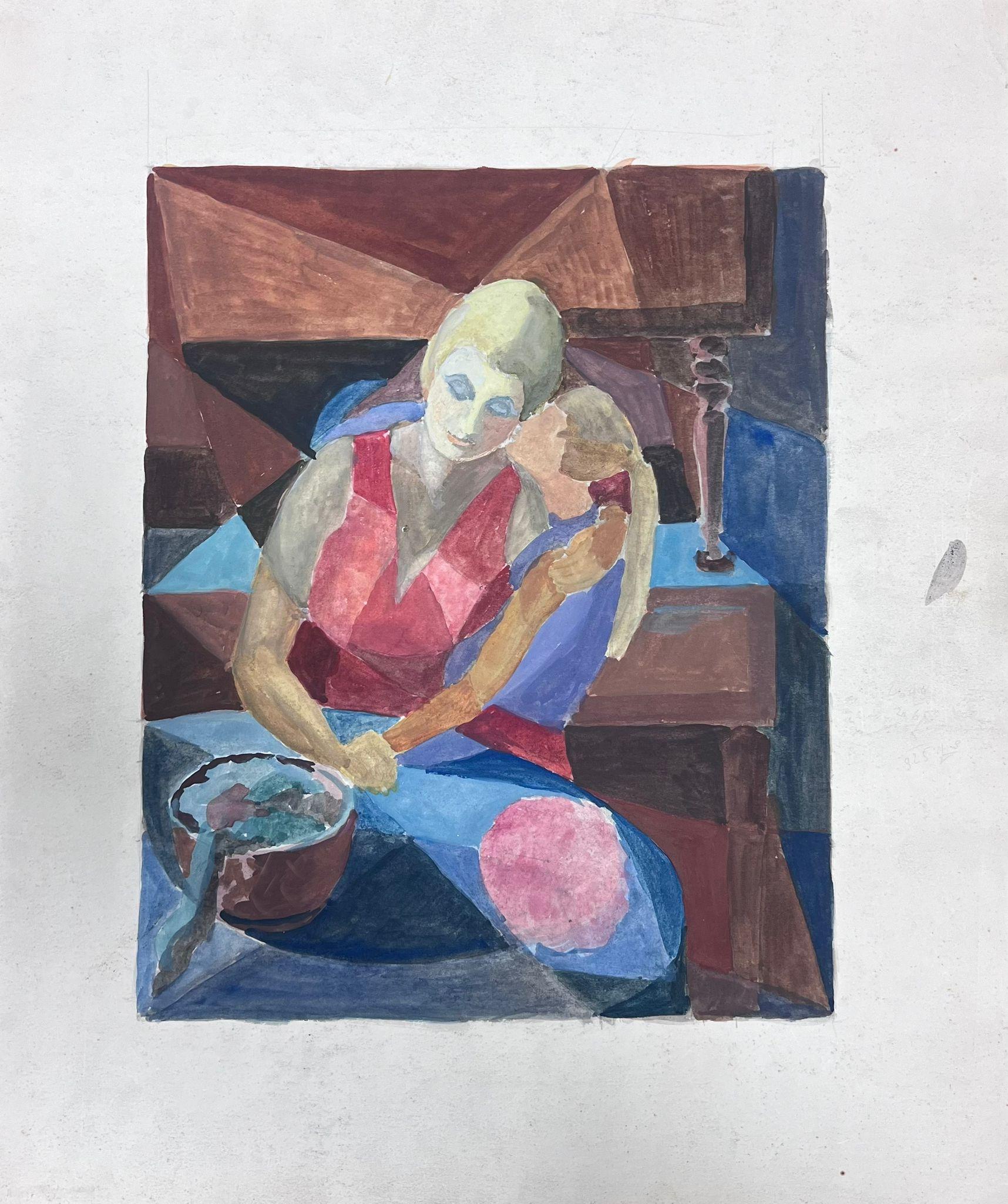 Französisches kubistisches Gemälde des 20. Jahrhunderts, Porträt von Mutter und Tochter – Painting von Guy Nicod