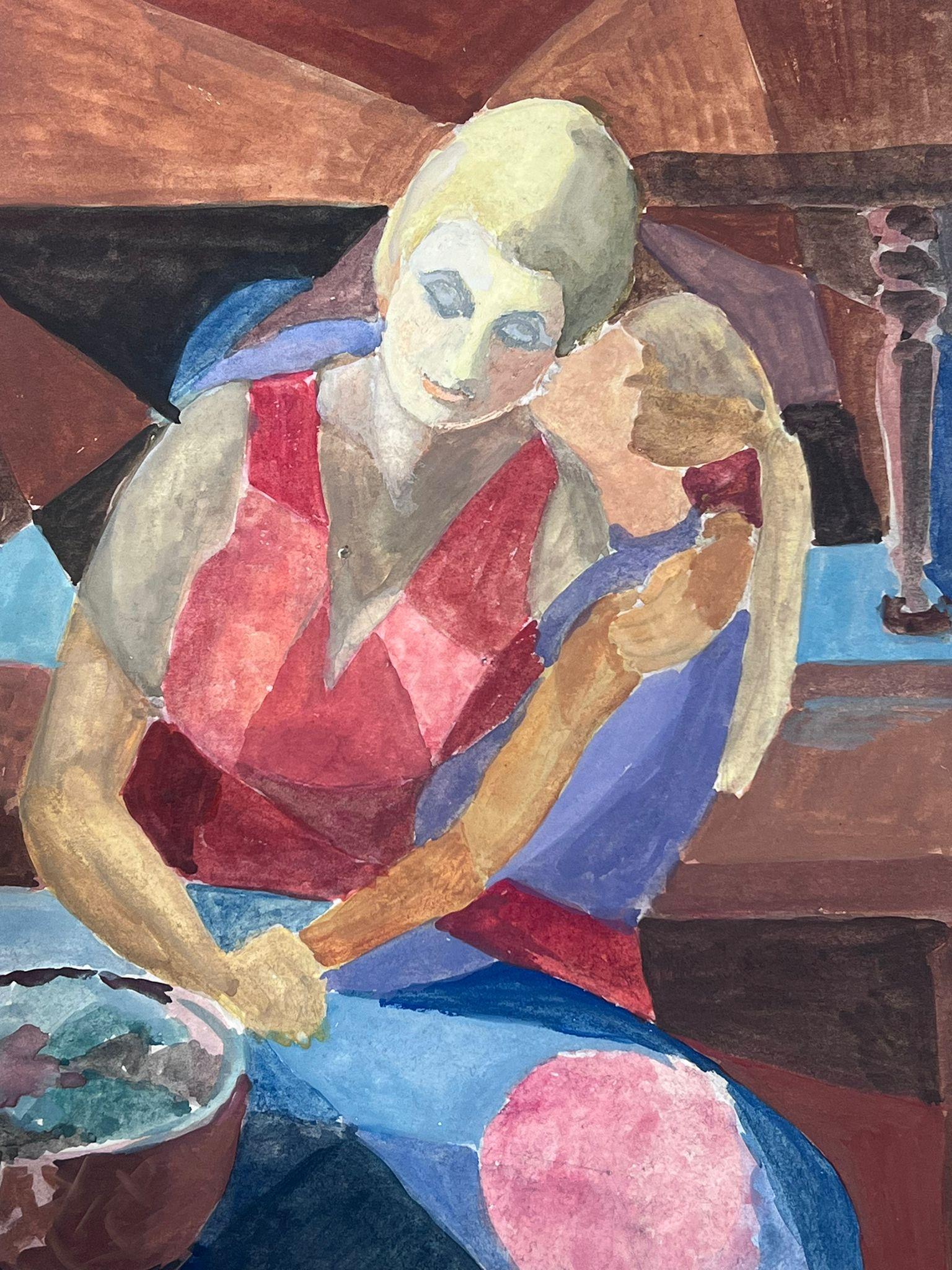 Französisches kubistisches Gemälde des 20. Jahrhunderts, Porträt von Mutter und Tochter (Kubismus), Painting, von Guy Nicod