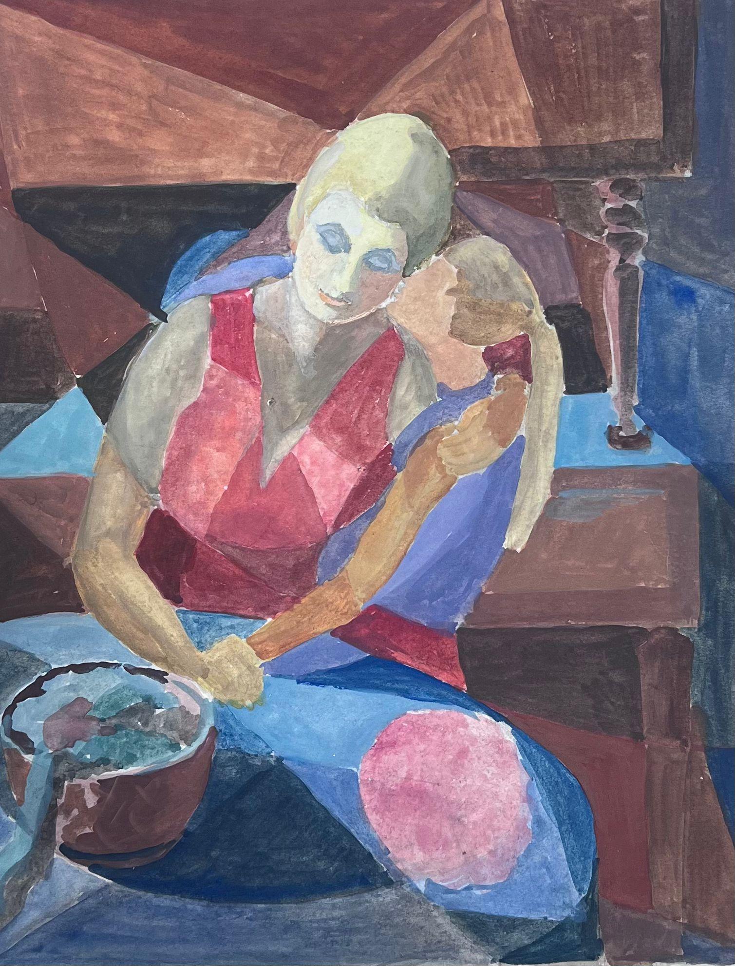 Guy Nicod Figurative Painting - 20th Century French Cubist Painting Portrait of Mother & Daughter
