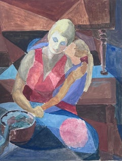 Vintage 20th Century French Cubist Painting Portrait of Mother & Daughter