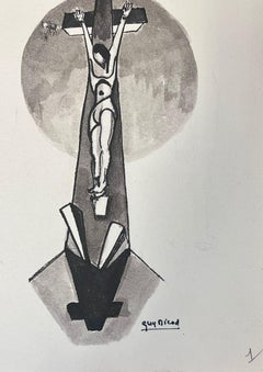 20th Century French Modernist Black & White Painting Jesus's Crucifixion
