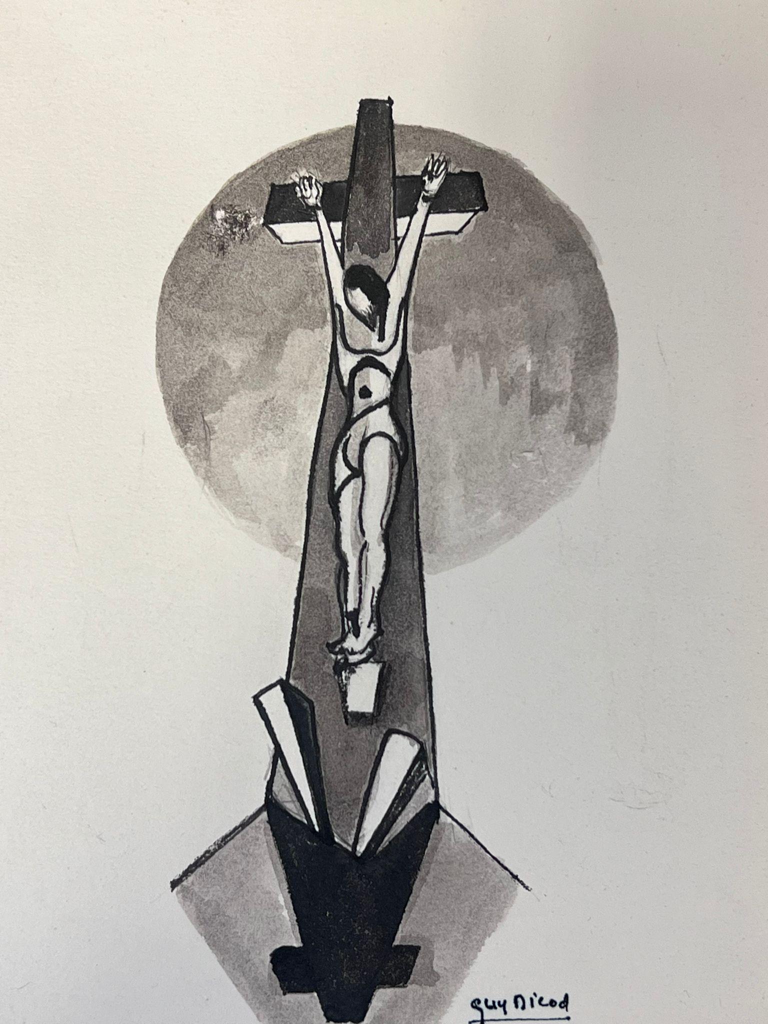 Französisches modernistisches Schwarz-Weiß-Gemälde der Kreuzigung Jesu im 20. Jahrhundert (Moderne), Painting, von Guy Nicod