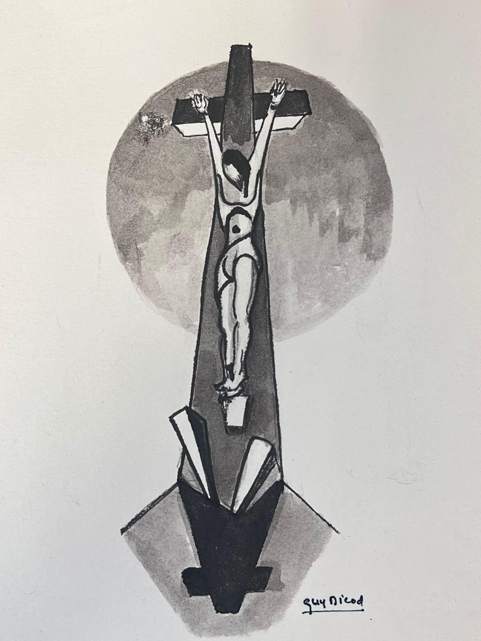 20th Century French Modernist Black & White Painting Jesus's Crucifixion For Sale 2