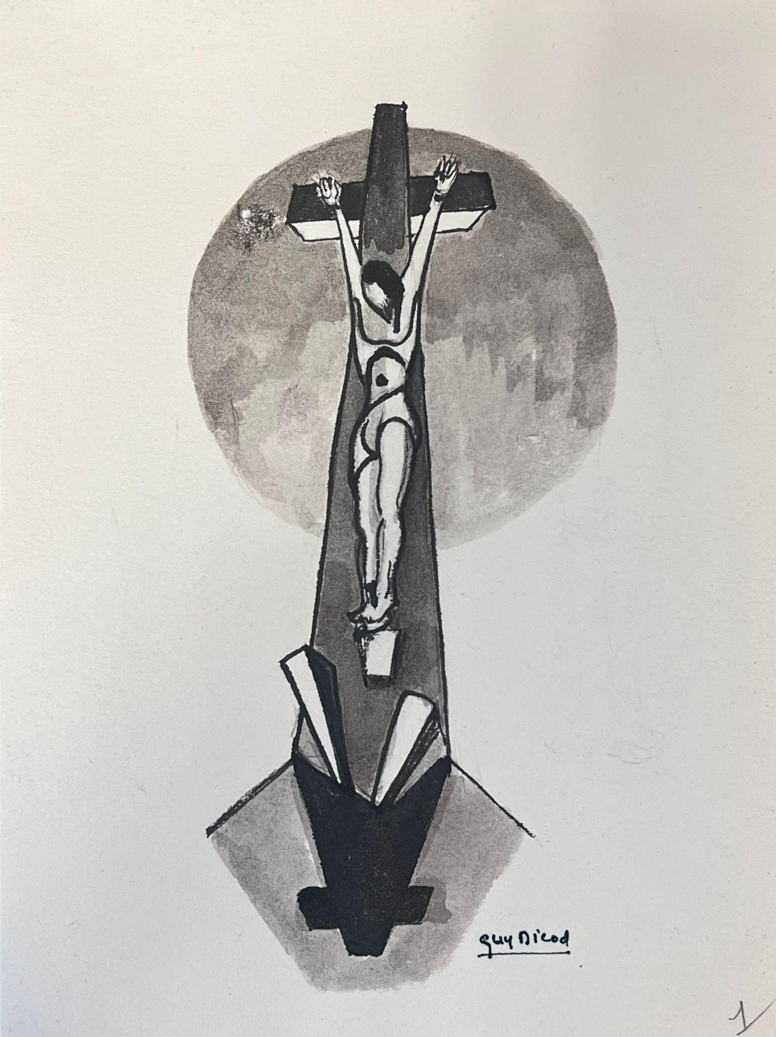 Guy Nicod Figurative Painting – Französisches modernistisches Schwarz-Weiß-Gemälde der Kreuzigung Jesu im 20. Jahrhundert