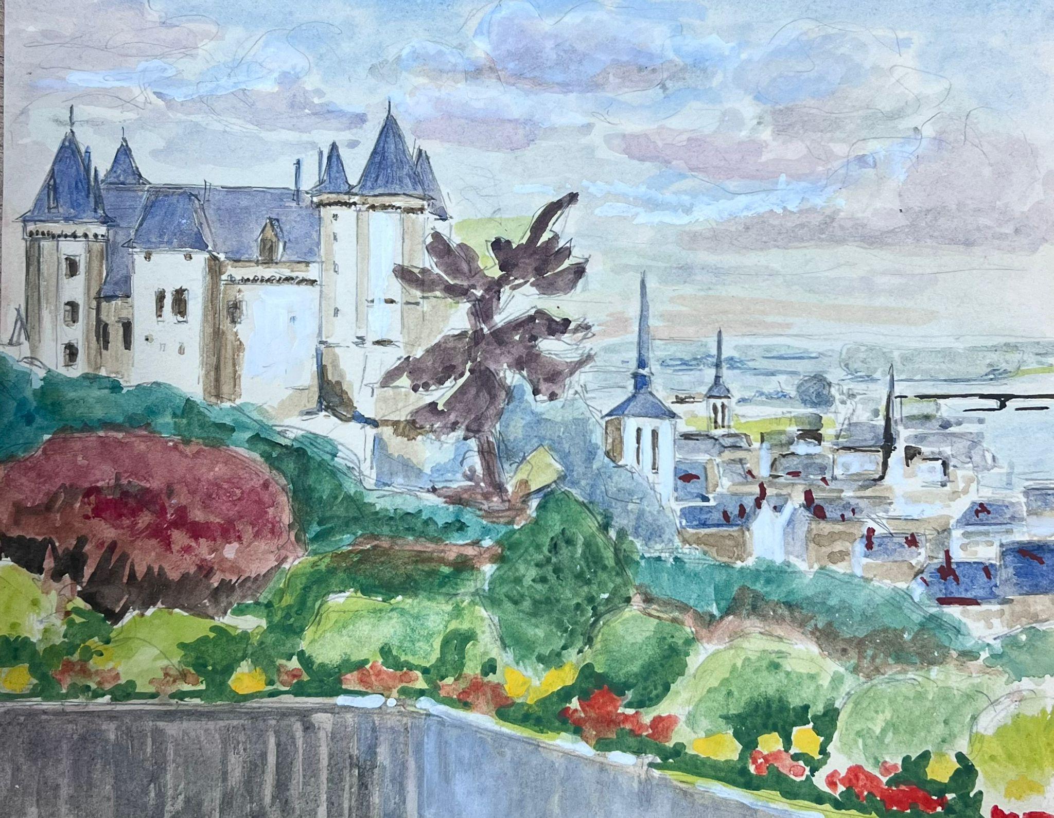 Guy Nicod Landscape Painting – 20. Jahrhundert Französisch modernistische Malerei Schloss mit Blick auf Französisch Townes