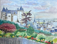 Vintage 20th Century French Modernist Painting Castle Overlooking French Town
