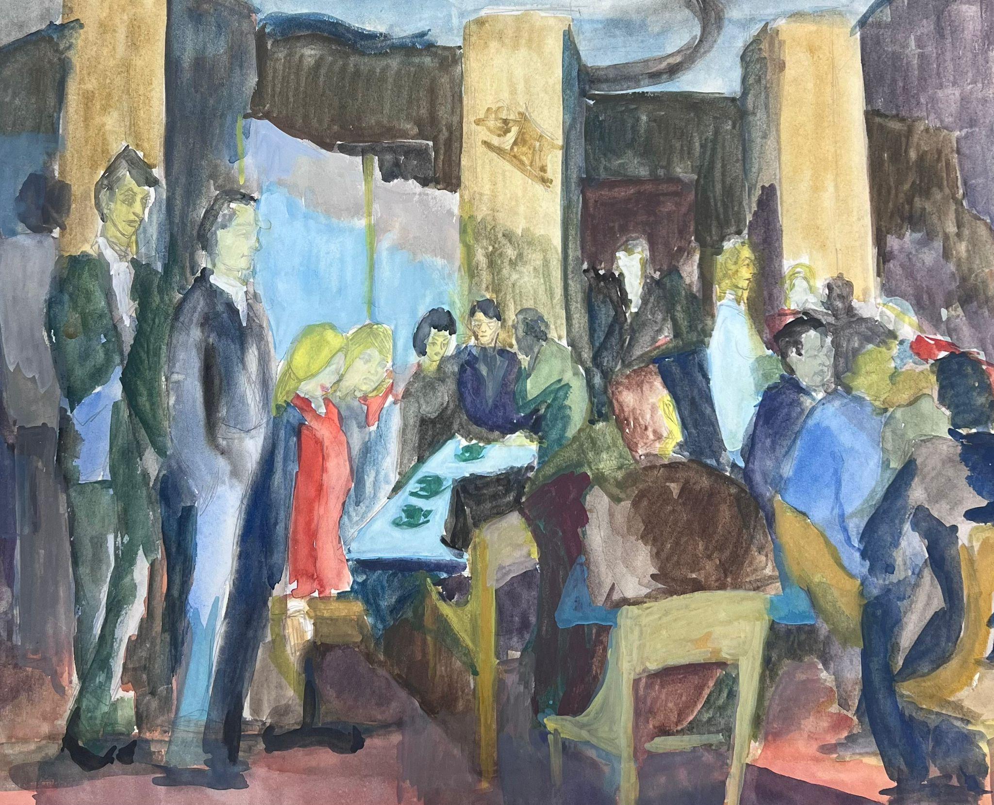 20th Century French Modernist Painting Crowded Cafe Bar Scene with Figures - Art by Guy Nicod
