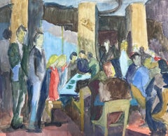 20th Century French Modernist Painting Crowded Cafe Bar Scene with Figures