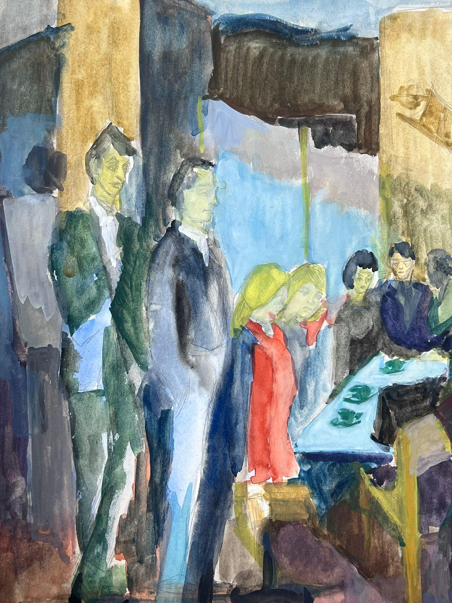 Pintura modernista francesa del siglo XX Escena de bar cafetería abarrotada con figuras - Painting Moderno de Guy Nicod