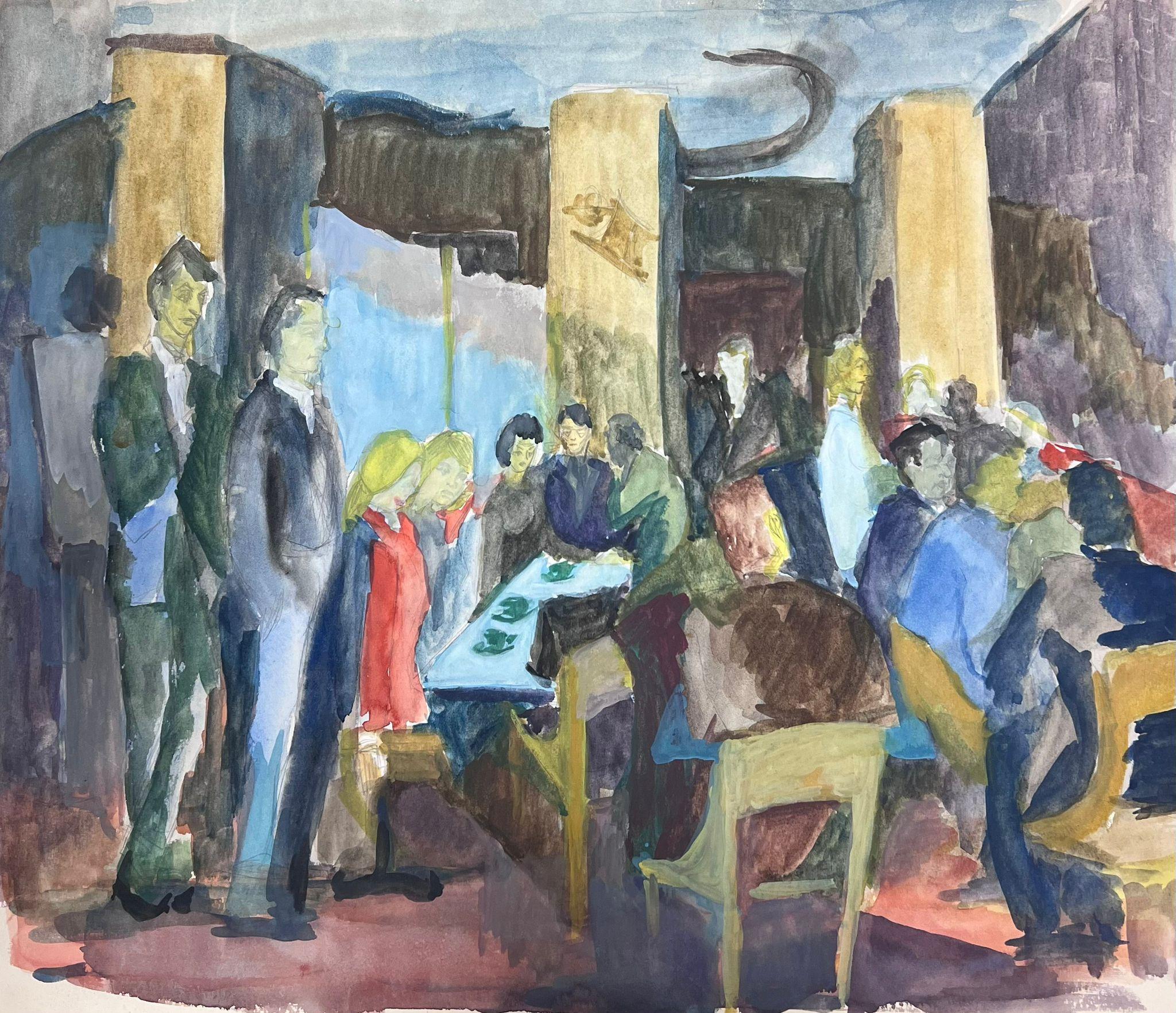 Guy Nicod Figurative Art – Französisches modernistisches Gemälde des 20. Jahrhunderts, Gemälde einer Crowded Cafe Bar-Szene mit Figuren