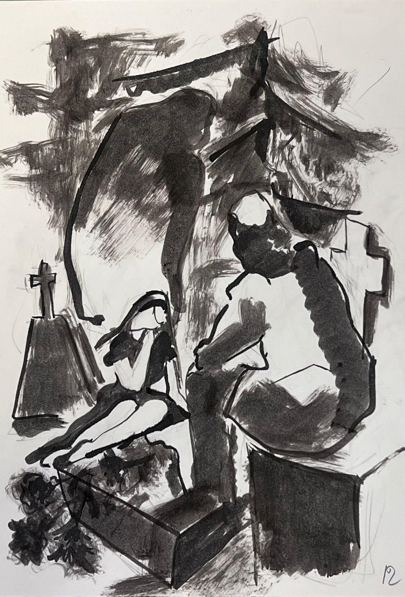 Ensemble de quatre scènes à l'aquarelle sombres de style moderniste français du 20e siècle - Painting de Guy Nicod
