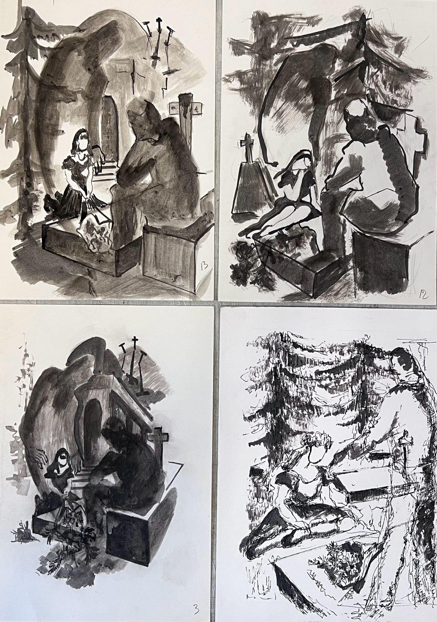 Guy Nicod Figurative Art - 20th Century French Modernist Painting Set of Four Dark Watercolour Scenes